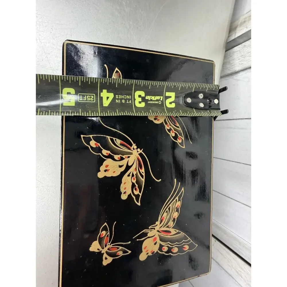 VTG Japanese Lacquered Hand Painted Butterfly Jewelry Music Box Faceted Mirror